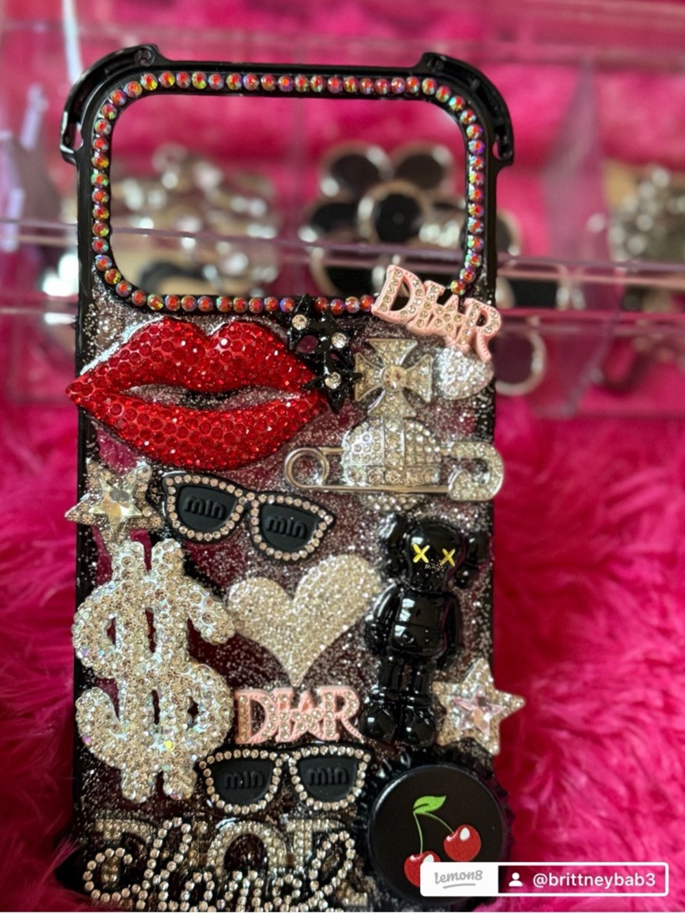 Embellished Rhinestone Phone Case with Red Lip Accent
